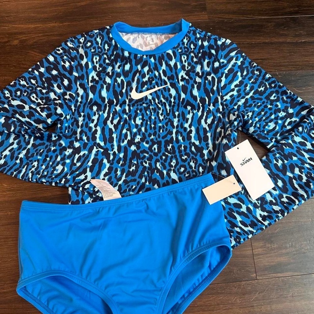 Nike Swim Blue Leopard Rash Guard and High waisted brief bottoms Girls Size XL